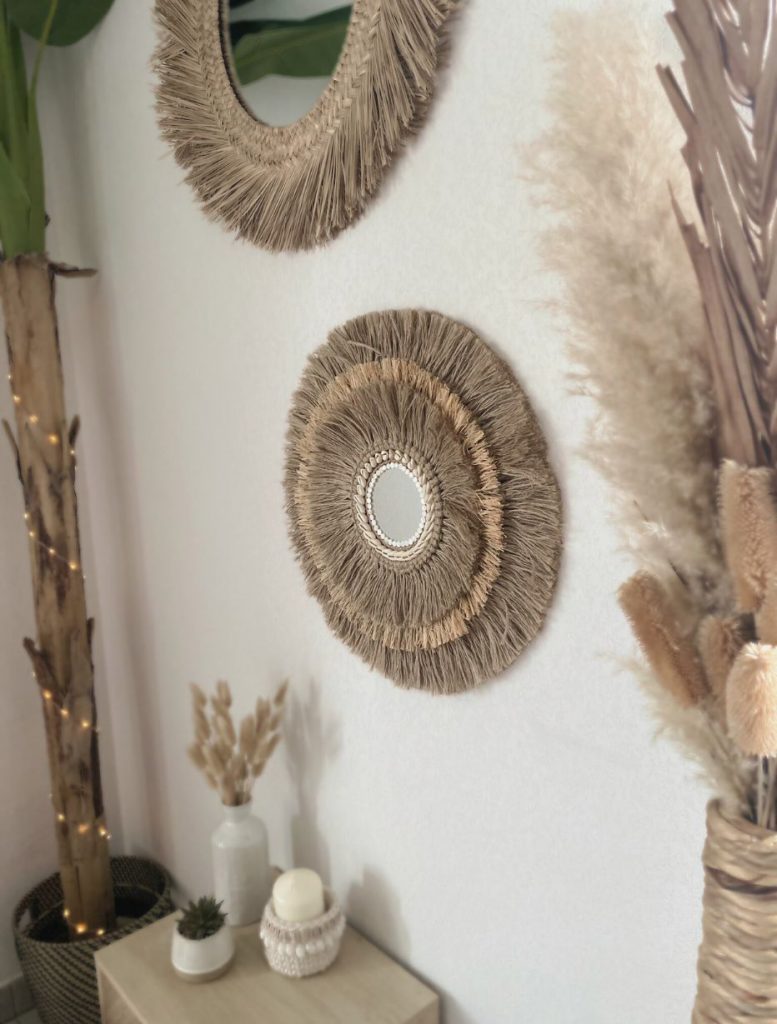 Miroir mural bohème, corde naturelle et coquillages
