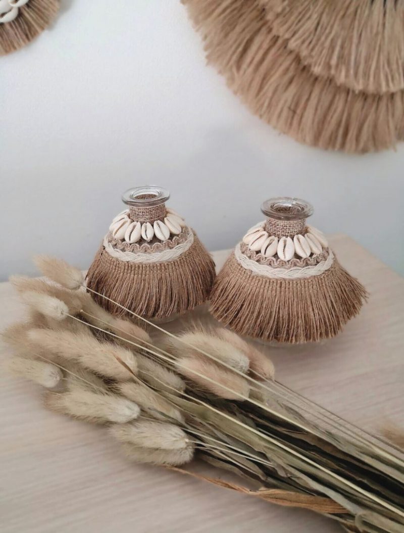 Vase déco bohème fait main avec corde naturelle et coquillages