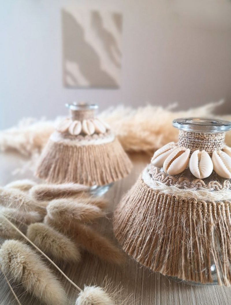 Vase déco bohème fait main avec corde naturelle et coquillages